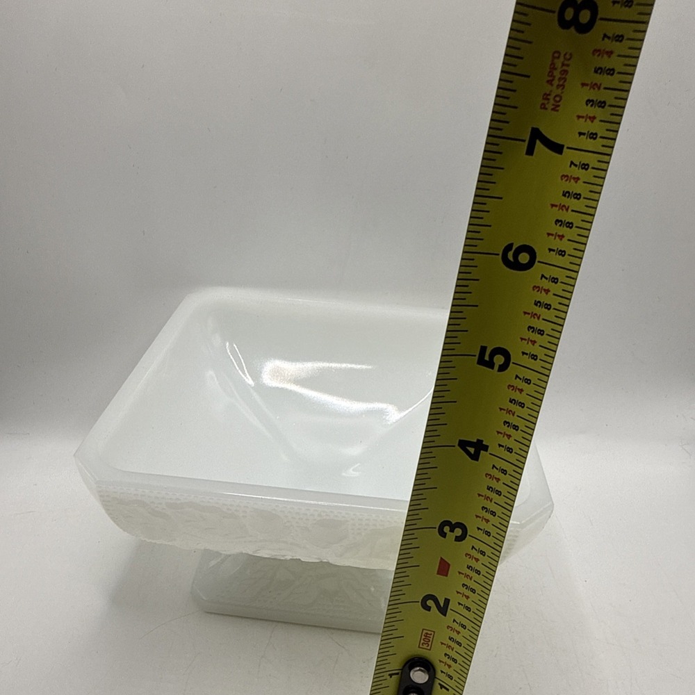 Vintage Jeanette Milk Glass Square Pedestal Candy Dish Acorn & Leaf Pattern - Picture 5 of 9